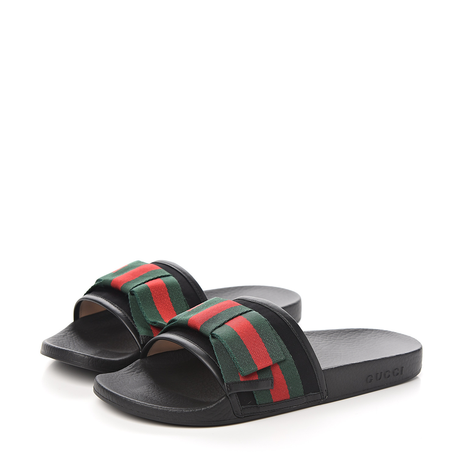 GUCCI Satin Web Bow Slide Sandals 41 Black 557143