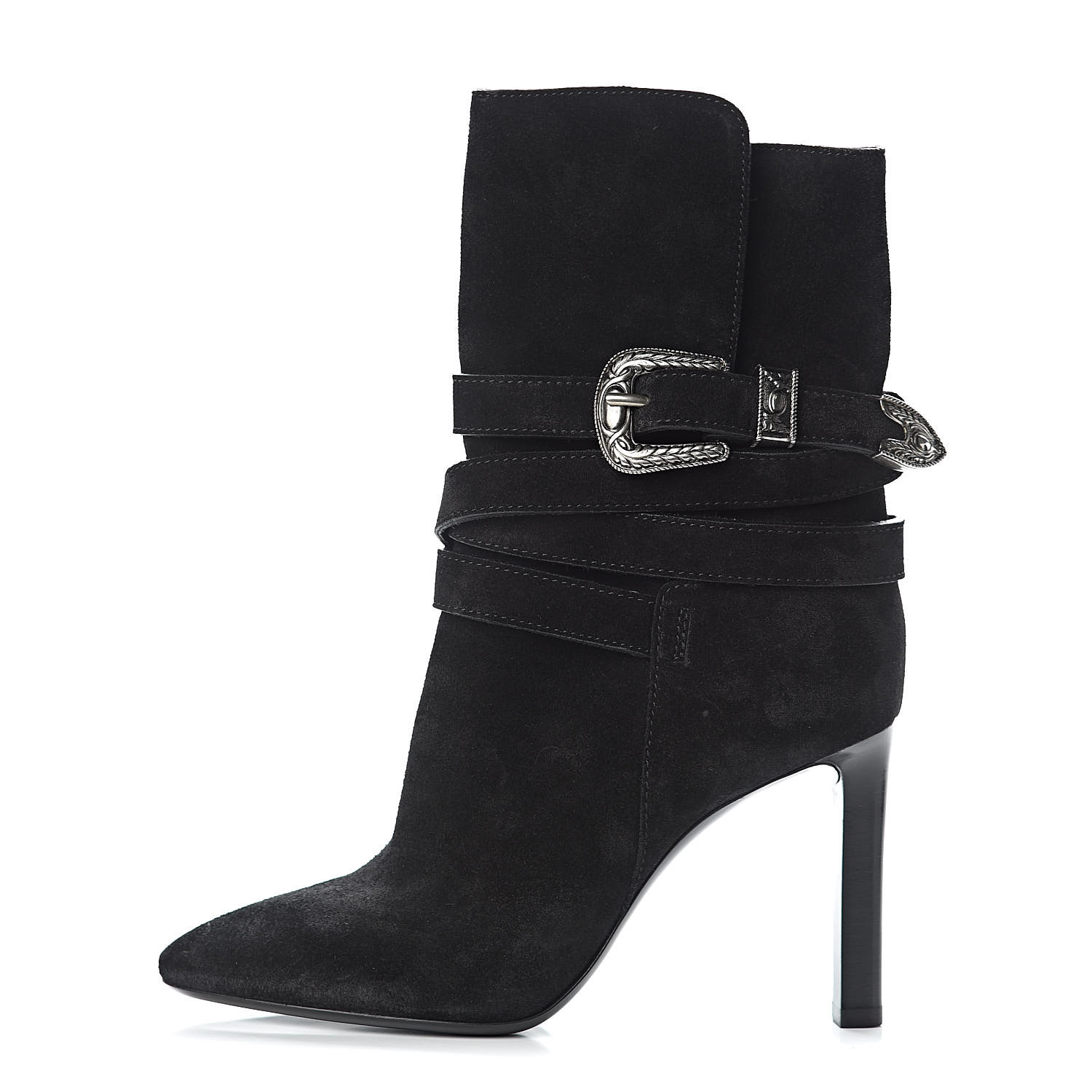 SAINT LAURENT Suede Mica Buckle Western Ankle Booties 37.5 Black 482220