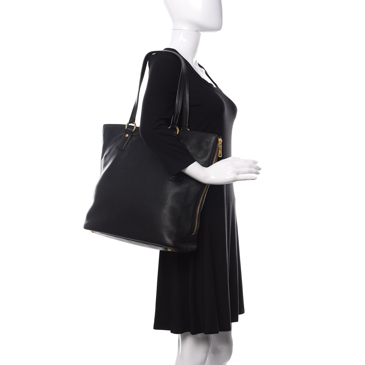 PRADA Vitello Daino Side Zip Tote Black 