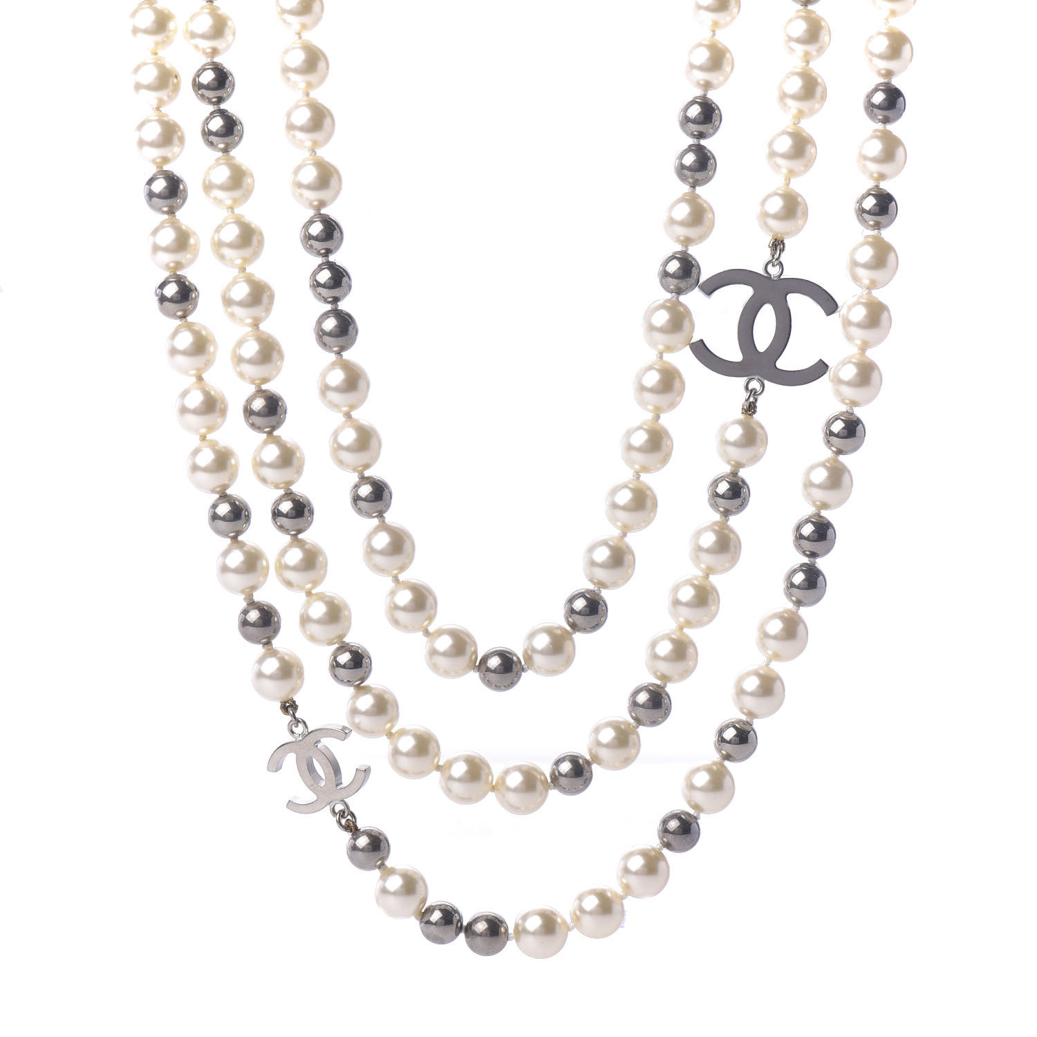 CHANEL Pearl CC Long Necklace Silver Pearly White Grey 632364