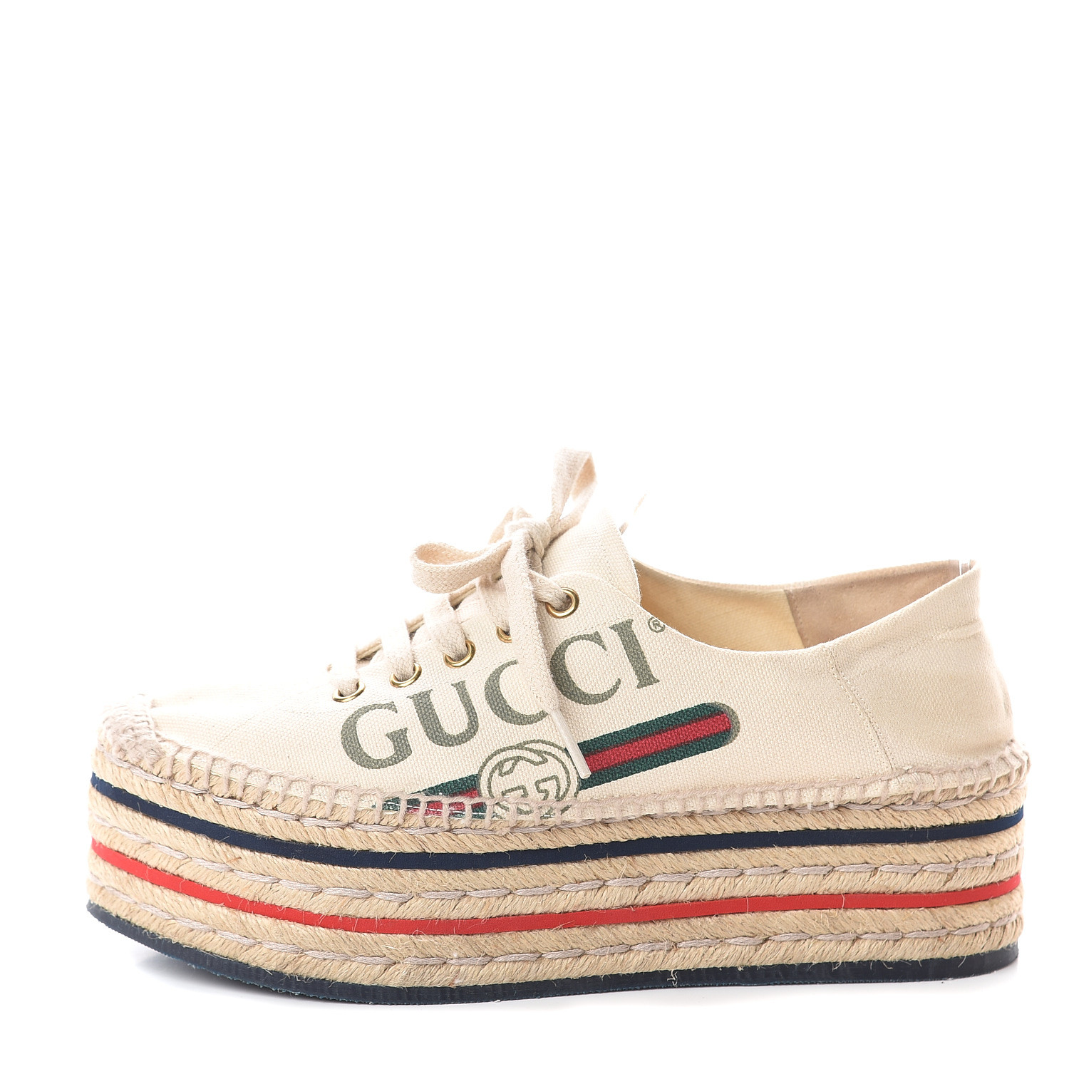 GUCCI Canvas Logo Platform Lace-Up Espadrilles 37.5 White 562064