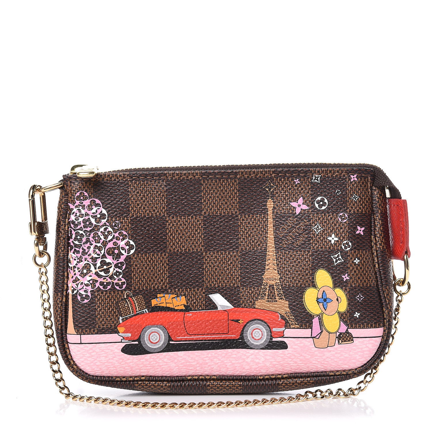 LOUIS VUITTON Damier Ebene Vivienne Xmas Paris Mini Pochette Accessories Red 469096