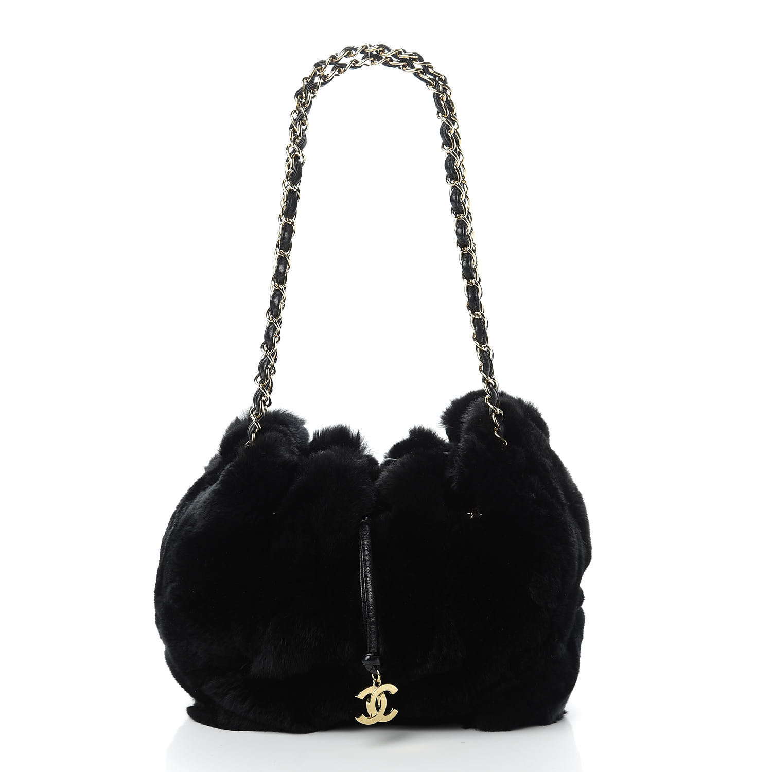 CHANEL Rabbit Fur Harlequin Shoulder Bag Black 467955