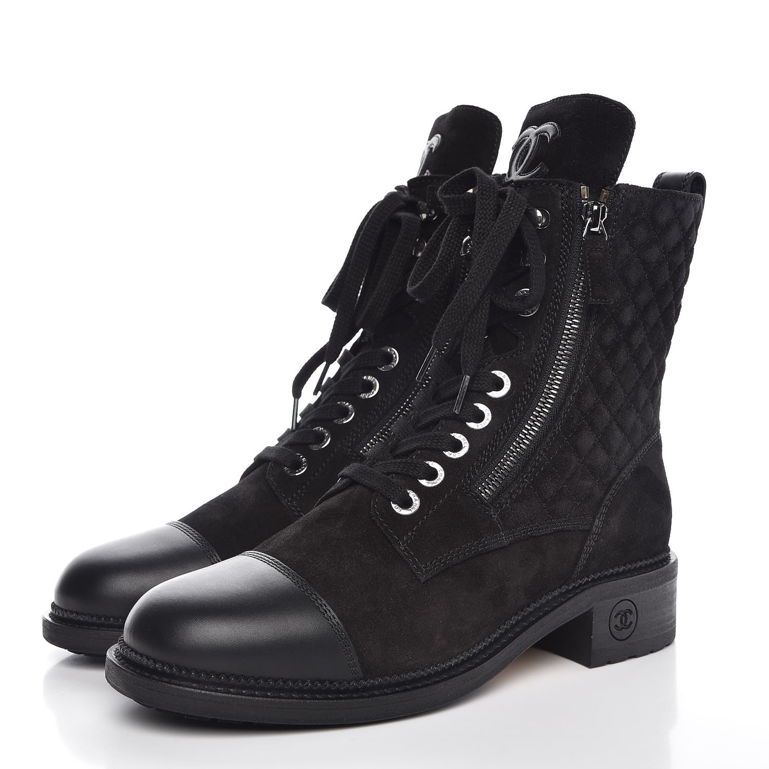 CHANEL Suede Quilted Cap Toe Combat Boots 40 Black 317239