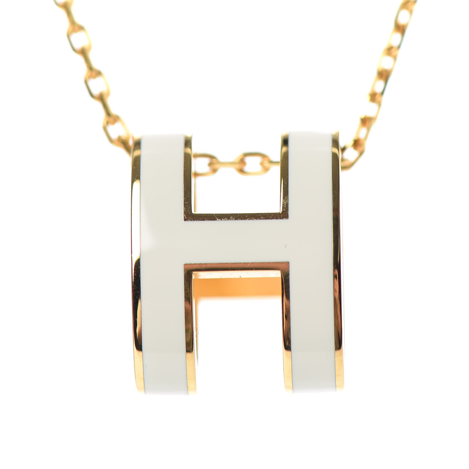 HERMES Lacquered Gold Mini Pop H Pendant Necklace White 726992