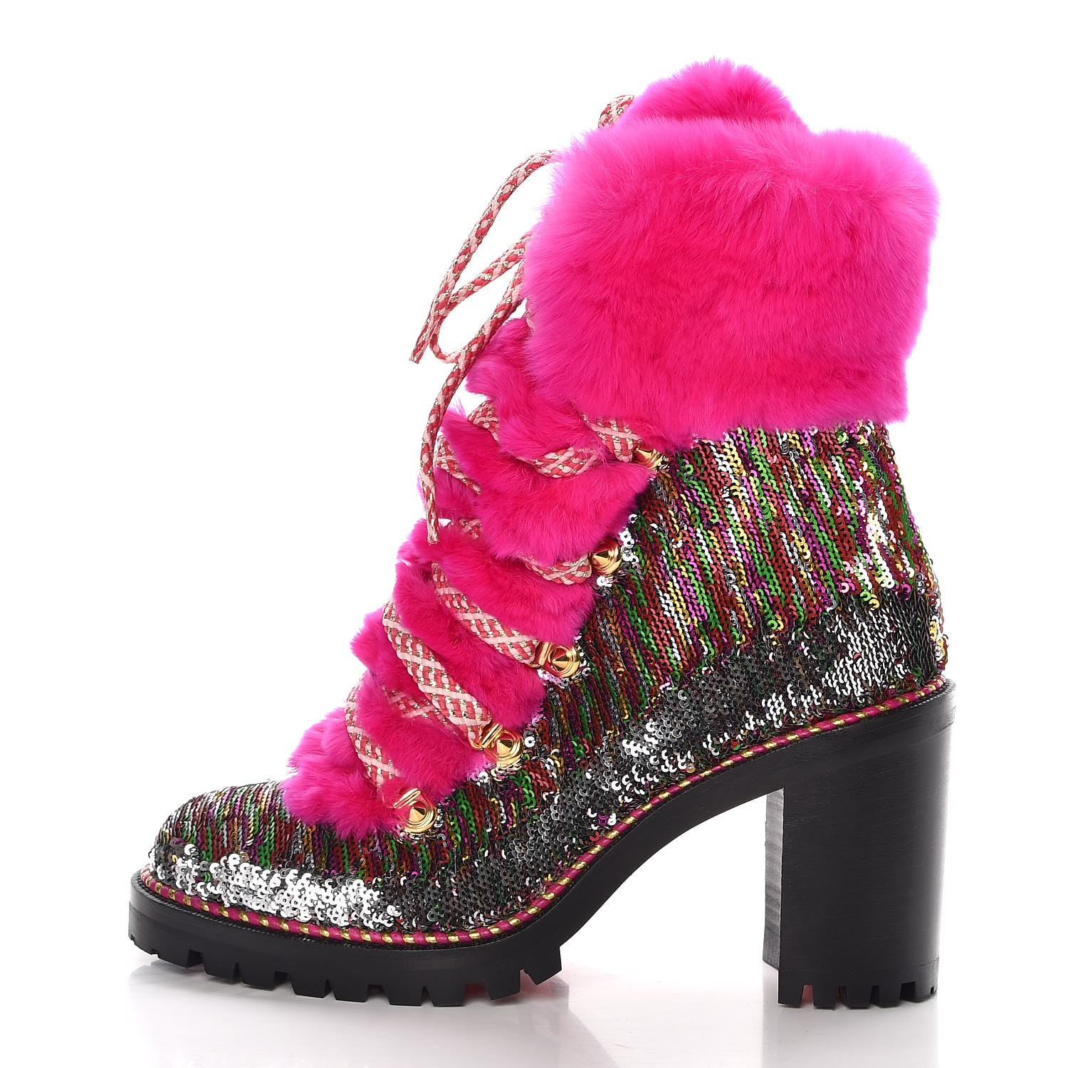 CHRISTIAN LOUBOUTIN Paillettes Rabbit Fur Fanny 70 Boots 37 Silver Multicolor 324331