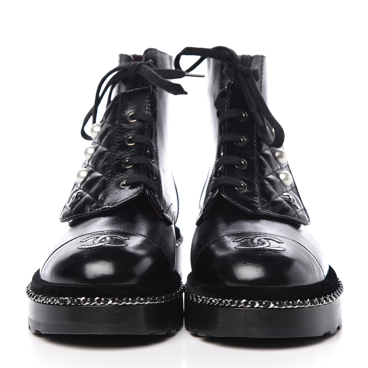 CHANEL Crackled Calfskin Velvet Pearl Combat Short Boots 37.5 Black 438131