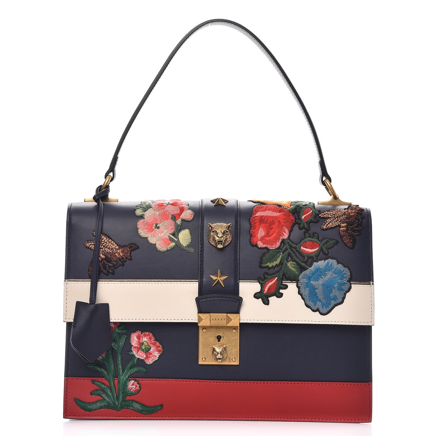 GUCCI Calfskin Embroidered Riche Stripe Shoulder Bag Blue Red 281479