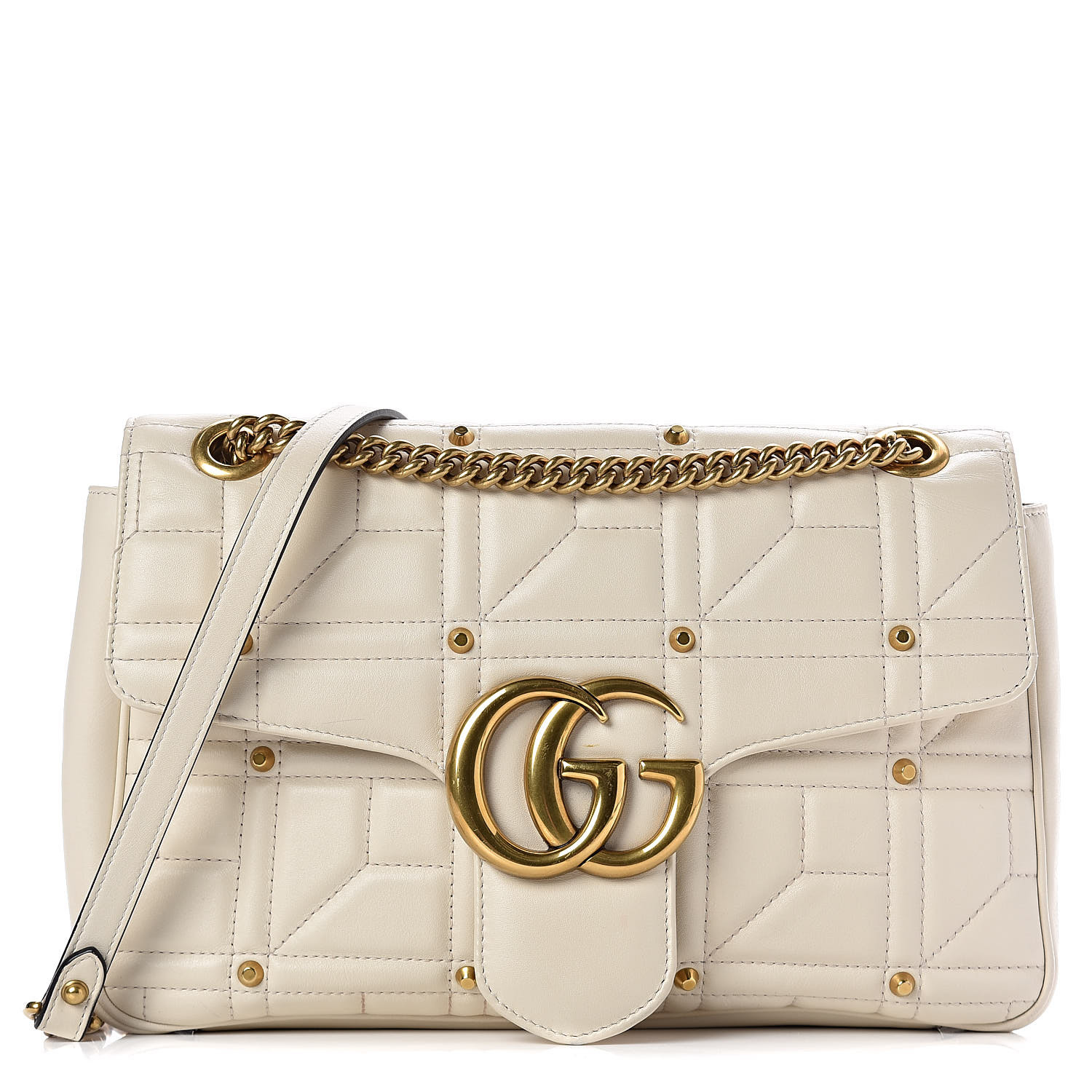 GUCCI Calfskin Matelasse Studded Medium GG Marmont Shoulder Bag White 505136