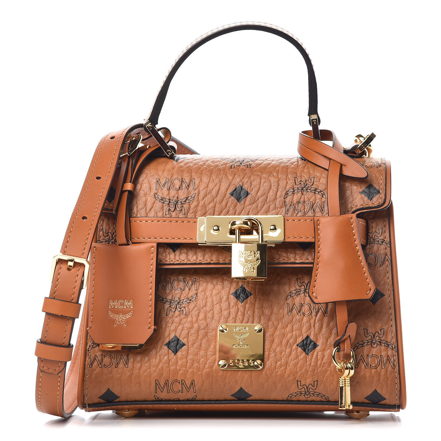 MCM Visetos X-Mini Heritage Top Handle Satchel Cognac 374037