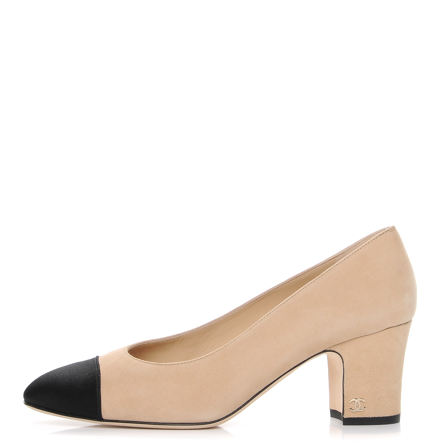 CHANEL Suede Satin Cap Toe Low Heel Pumps 39 Beige Black 224010