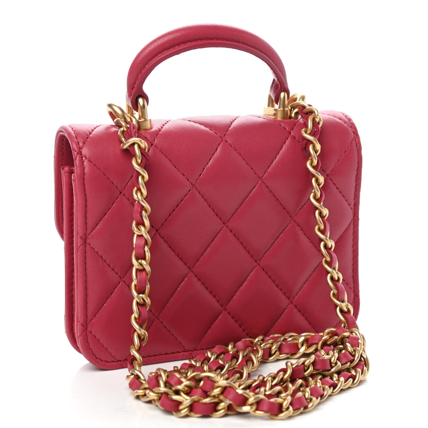 CHANEL Lambskin Quilted Top Handle Flap Coin Purse With Chain Dark Pink ...