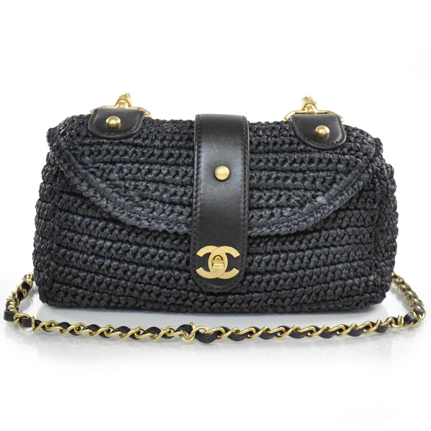 CHANEL Straw Raffia Shoulder Bag Black 23804