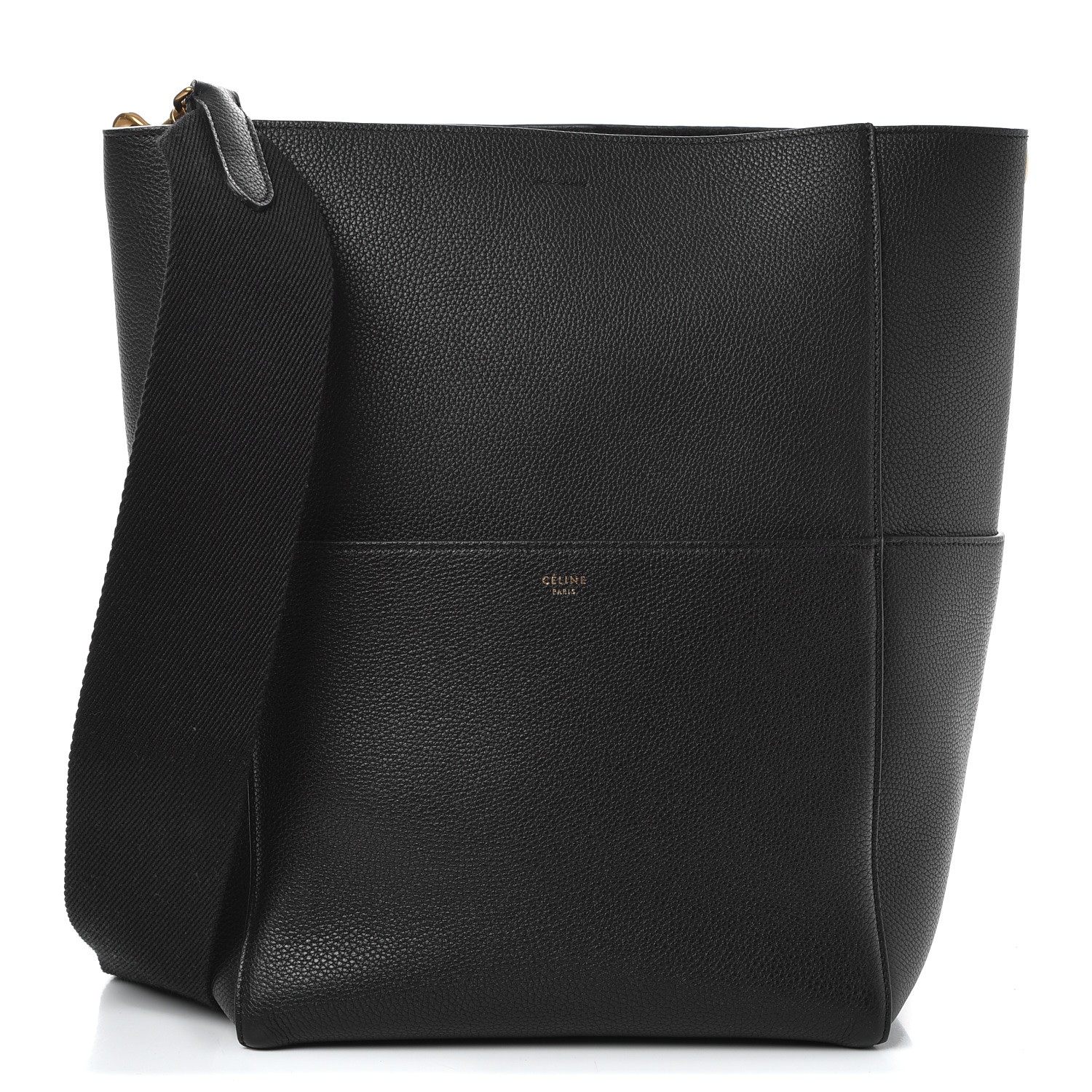 CELINE Soft Grained Calfskin Sangle Bucket Bag Black 246433 | FASHIONPHILE