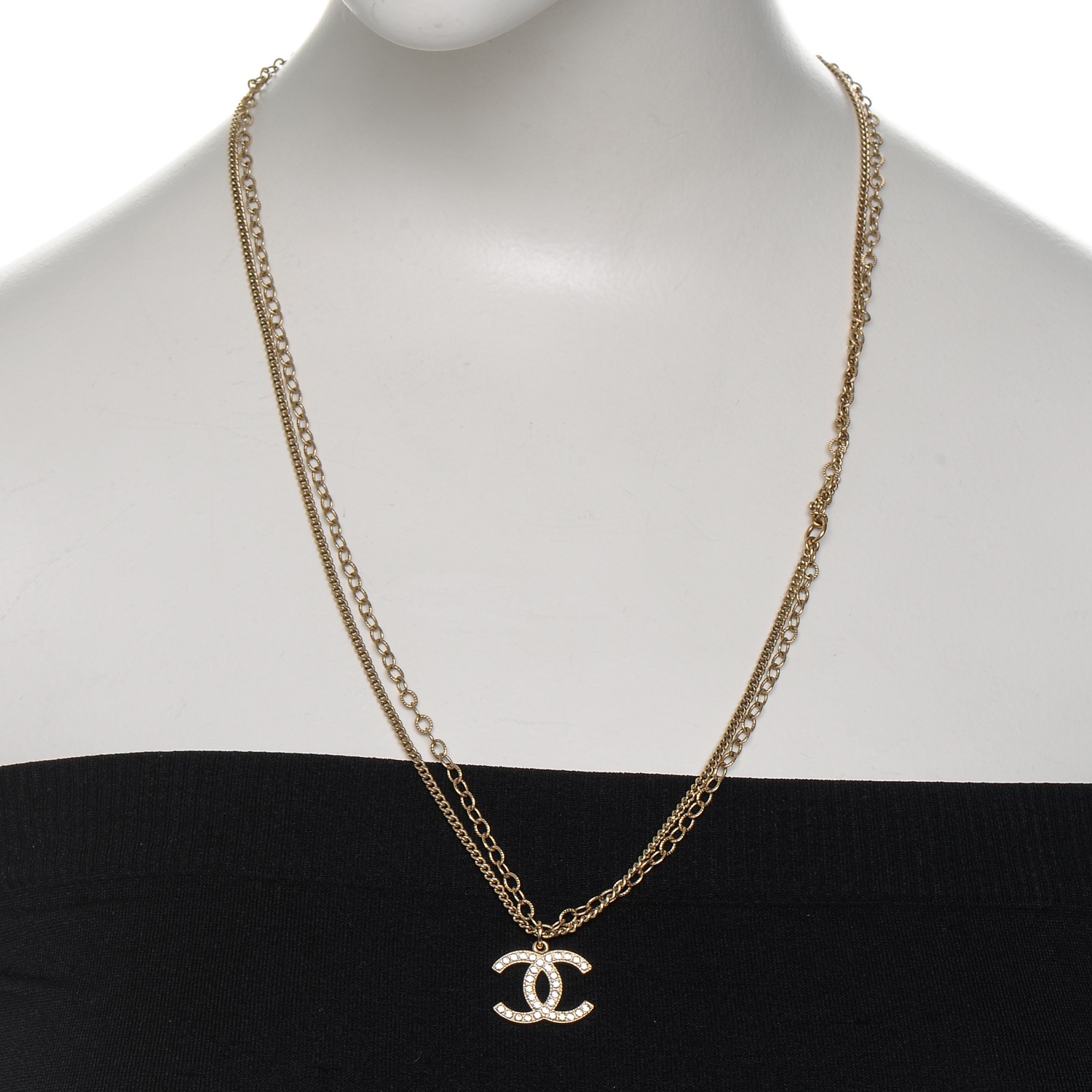 CHANEL Crystal Double Chain CC Necklace Gold 246715