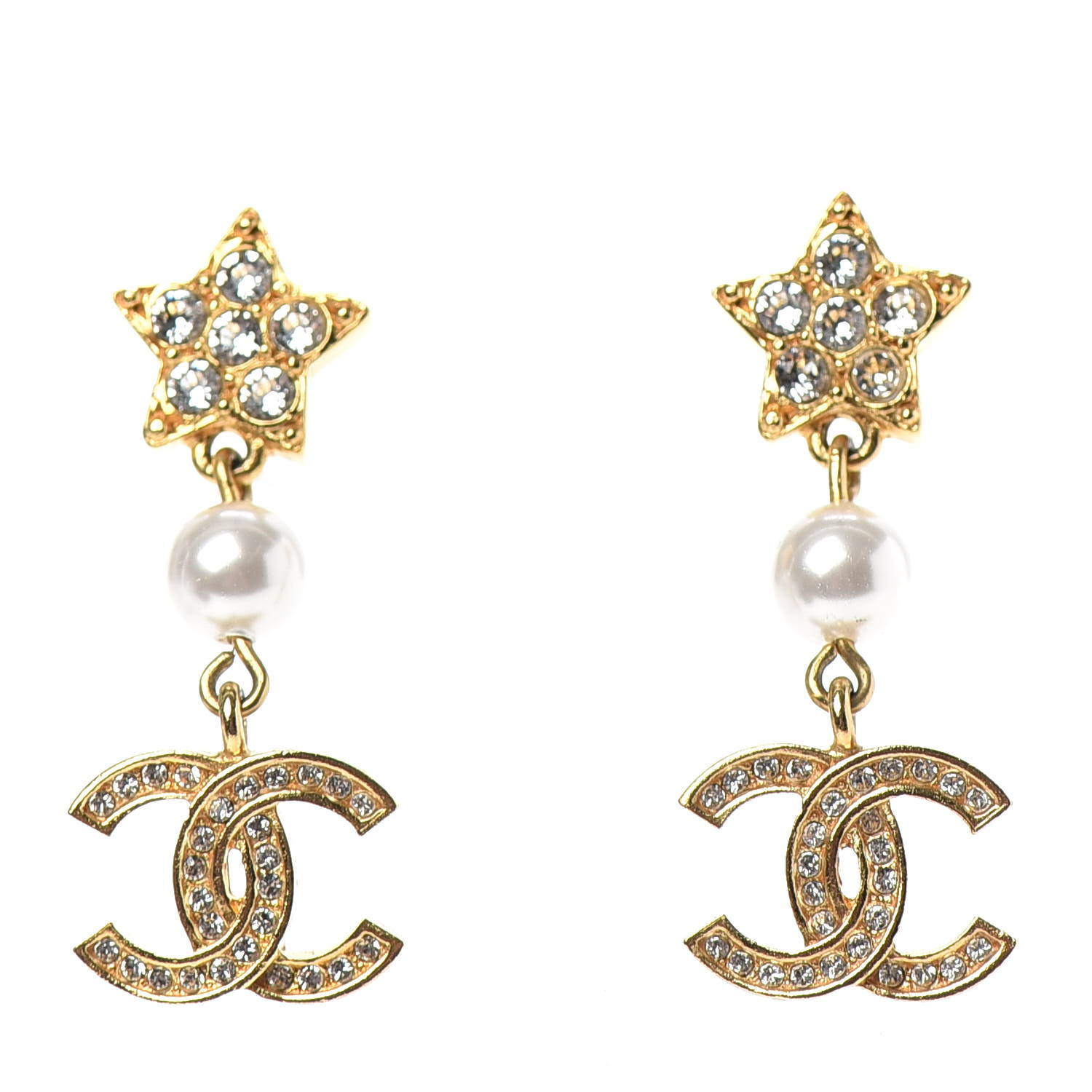 Chanel Crystal Pearl Cc Star Drop Earrings Gold 7163 Fashionphile