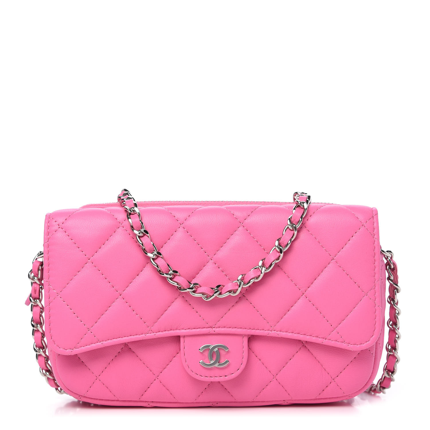 CHANEL Lambskin Quilted Flap Phone Holder With Chain Neon Pink 722504 ...