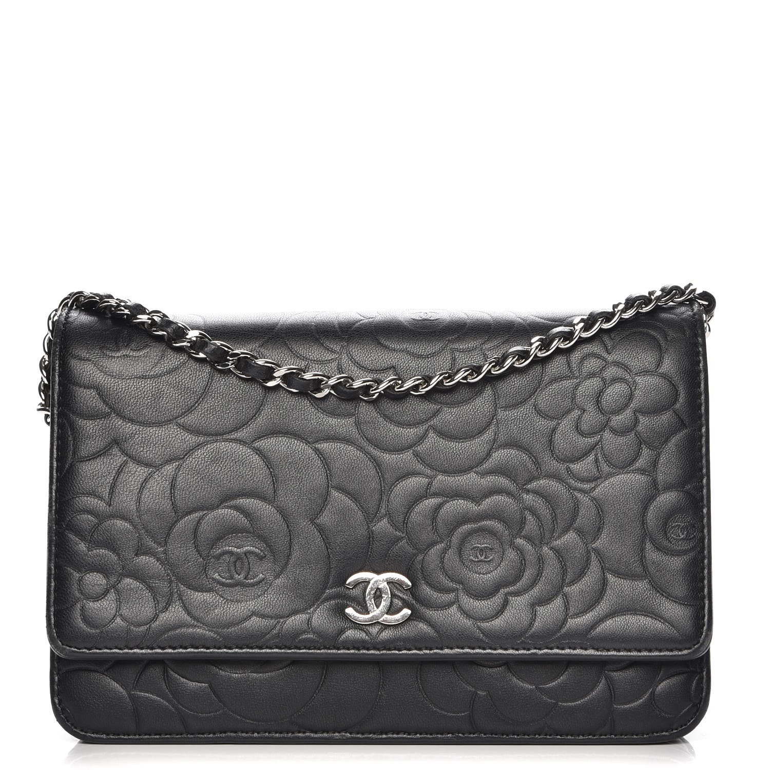 CHANEL Lambskin Camellia Embossed Wallet On Chain WOC Black 222356