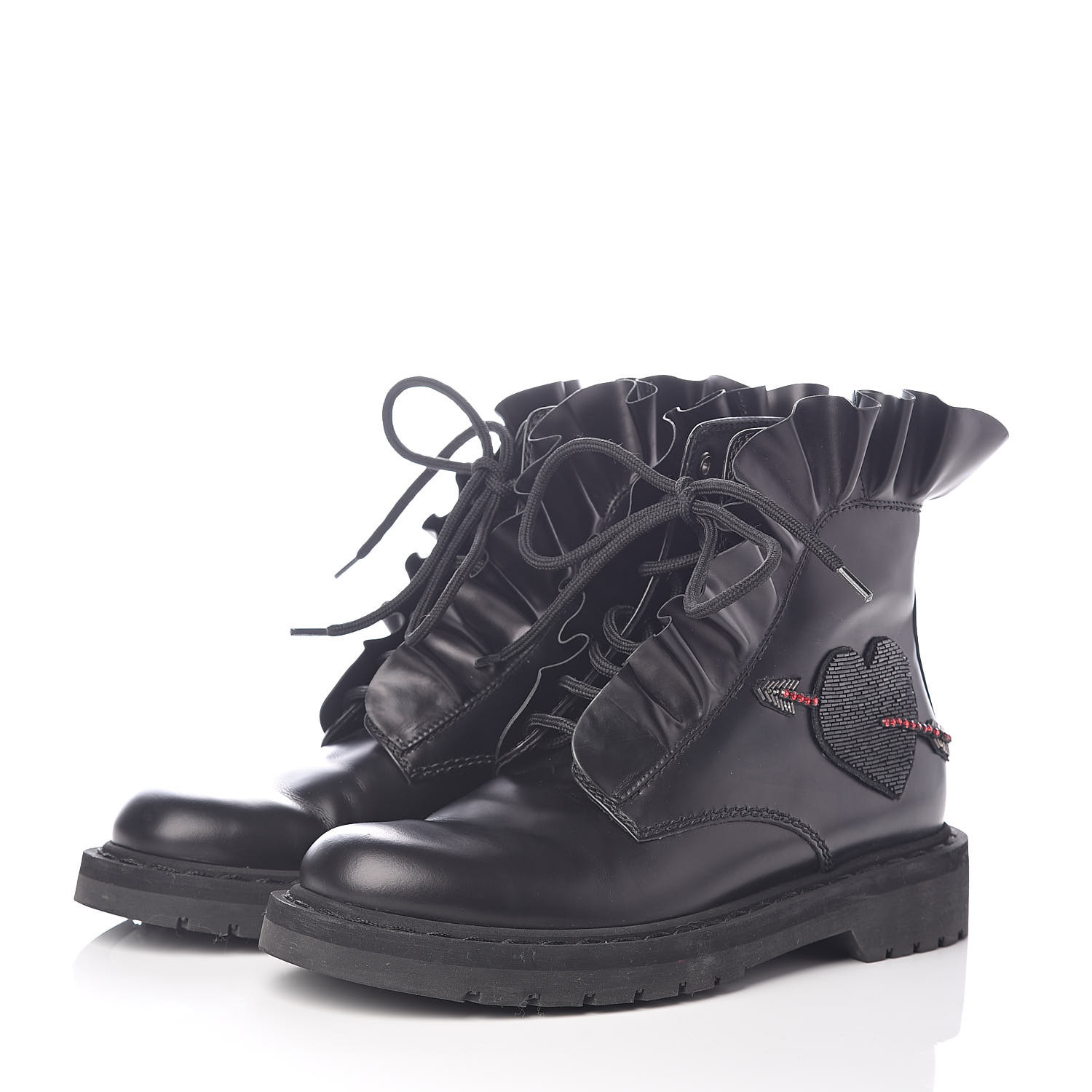 VALENTINO Calfskin Ruffle Heart Love Combat Boots 36 Black 532285