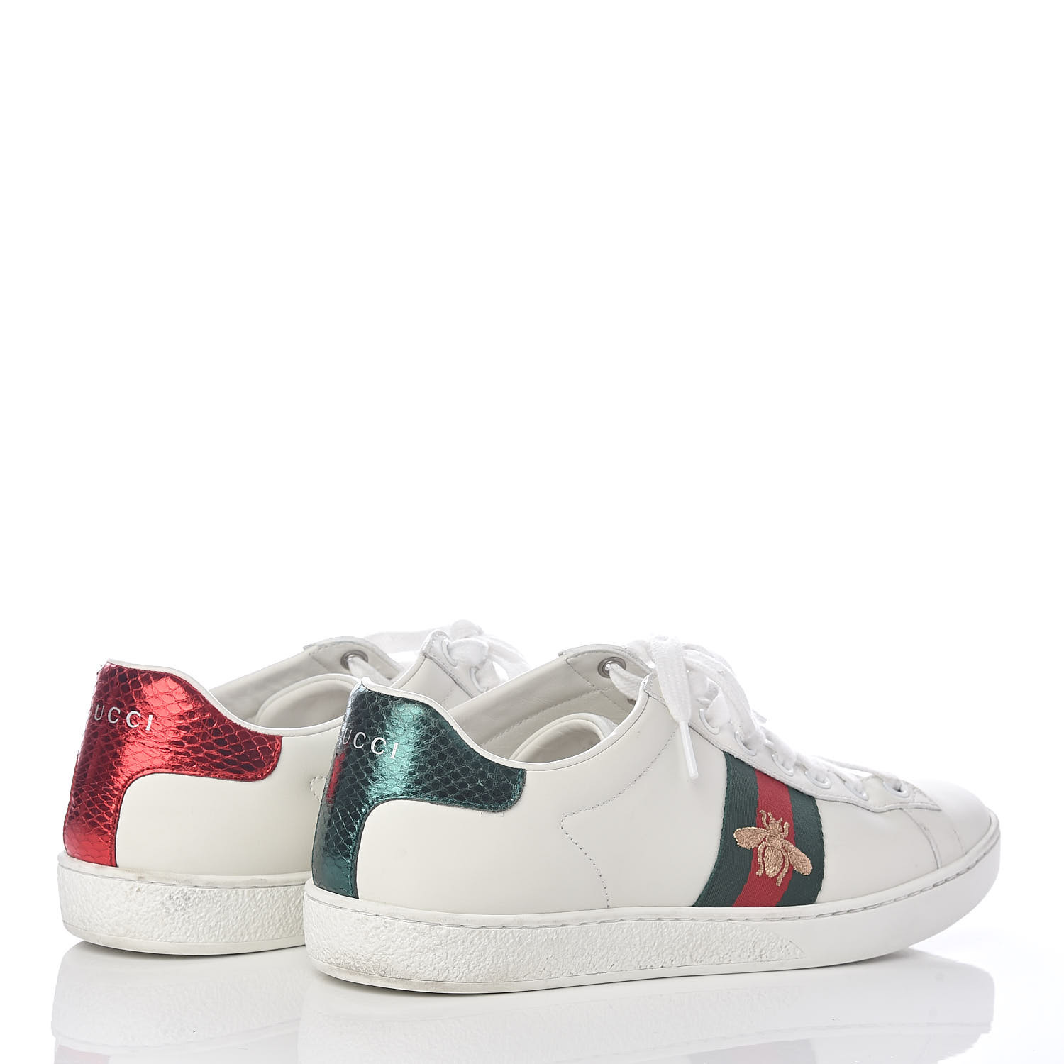 GUCCI Calfskin Ayers Embroidered Womens Ace Bee Sneakers 39 White Green 531734
