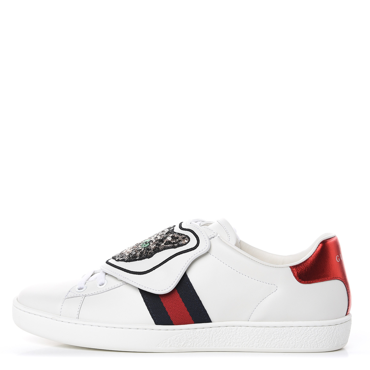 GUCCI Calfskin Sequins Cat Womens Ace Sneakers 40 White 468982