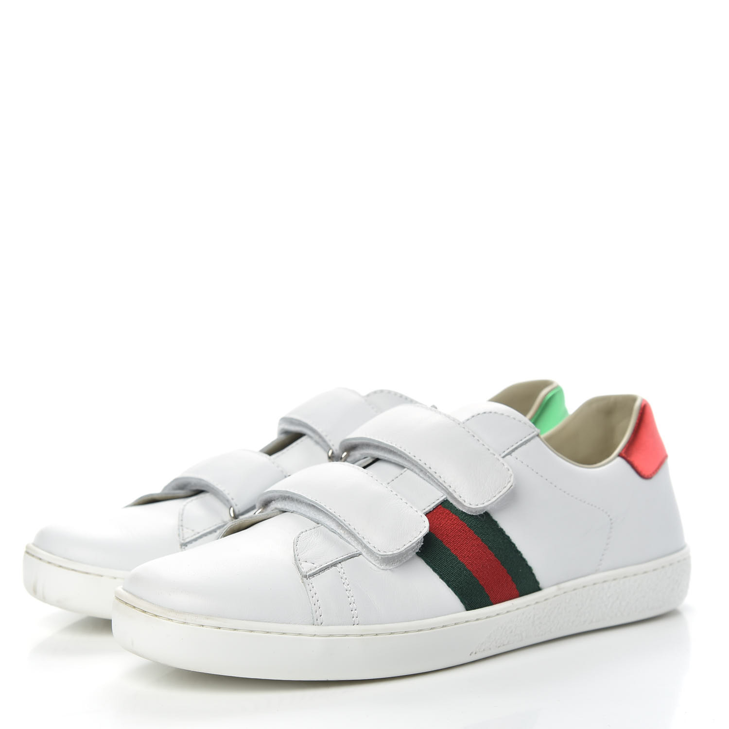 GUCCI Calfskin Web Velcro Womens Ace Sneakers 38 White Green 706259 ...