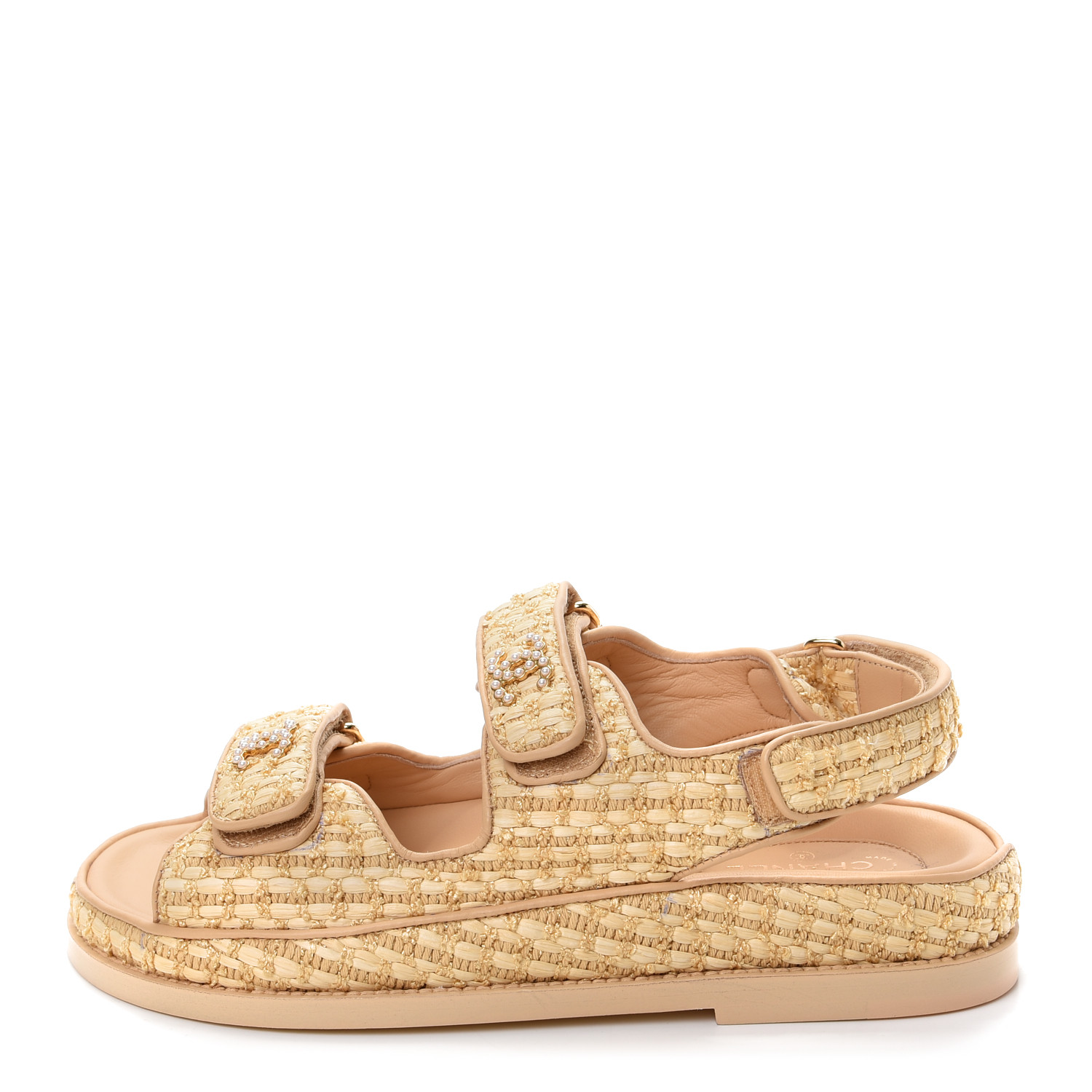 CHANEL Raffia Pearl Velcro Dad Sandals 37 Beige 710781 | FASHIONPHILE