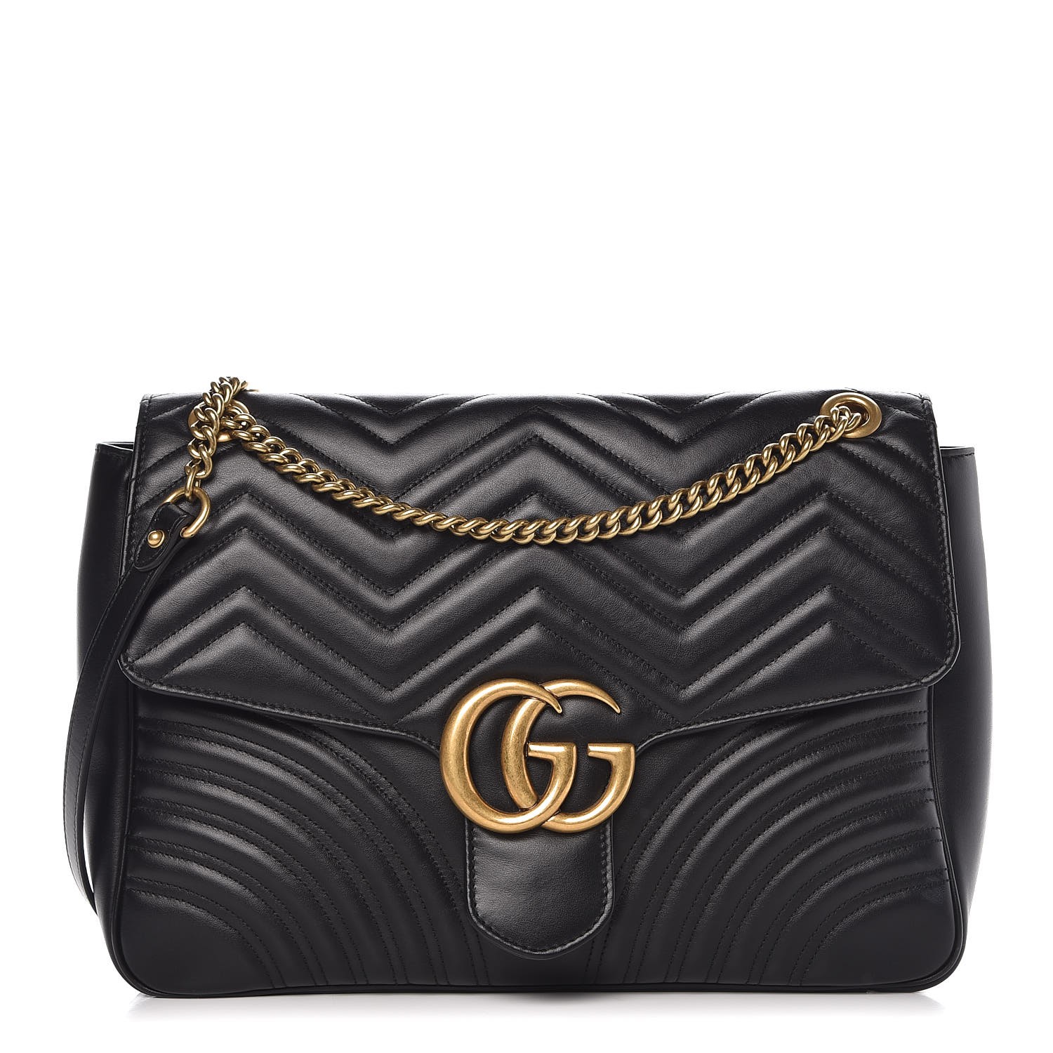 GUCCI Calfskin Matelasse Large GG Marmont Shoulder Bag Black 322377