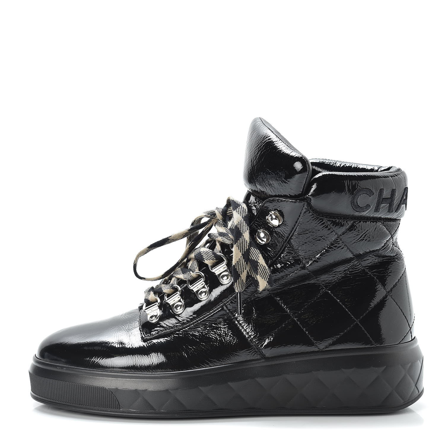 CHANEL Patent Calfskin Quilted Womens High Top Sneakers 37.5 Black 448484