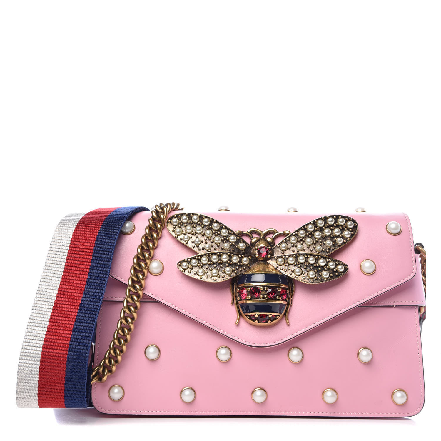 GUCCI Calfskin Pearl Studded Mini Broadway Bee Shoulder Bag Light Pink 357604