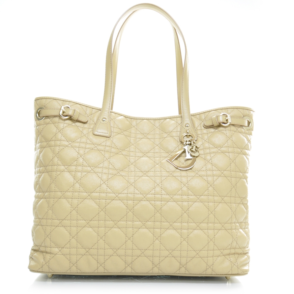 CHRISTIAN DIOR Coated Canvas Cannage Quilted Medium Panarea Tote Beige ...