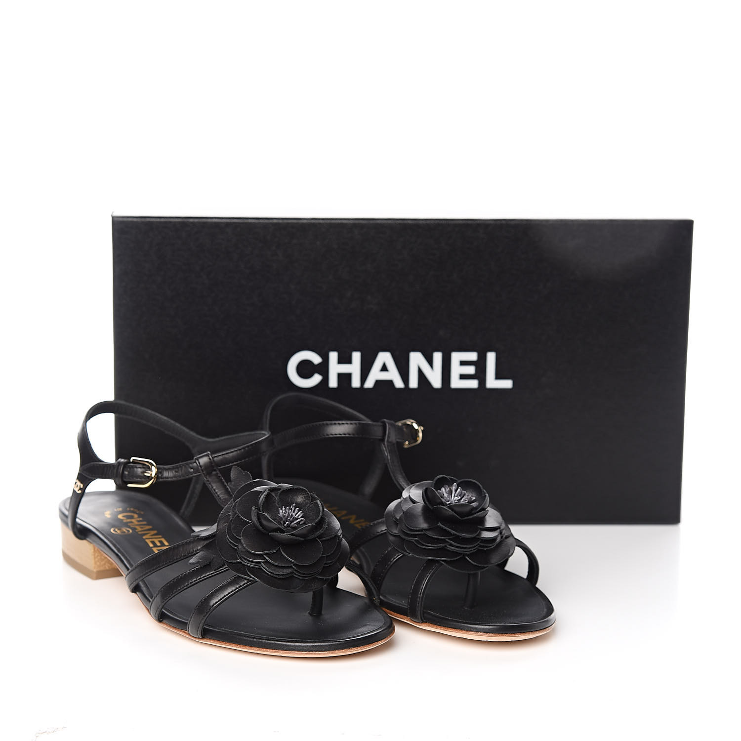 CHANEL Calfskin Camellia Sandals 35.5 Black 511543