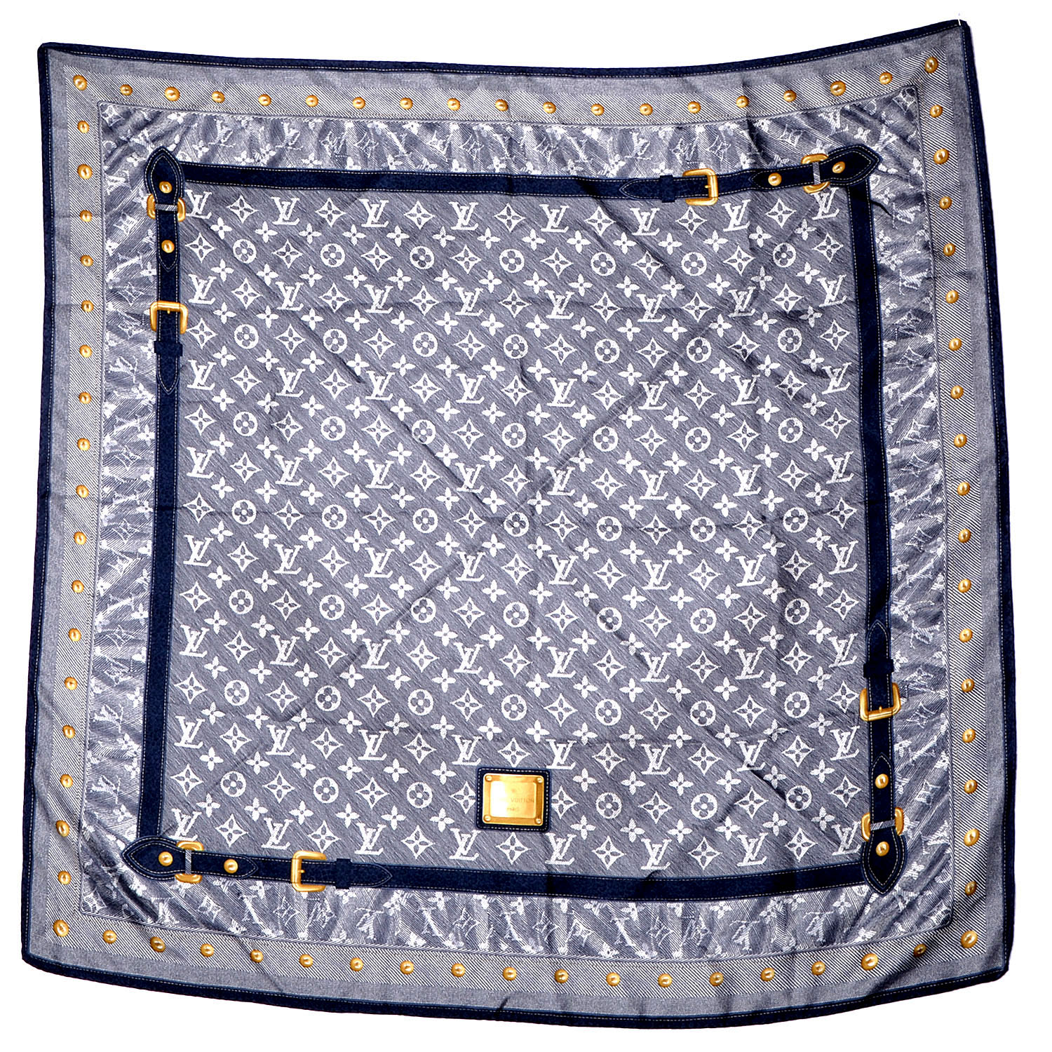 LOUIS VUITTON Silk Monogram New Denim Bandana Scarf Navy Blue 67964