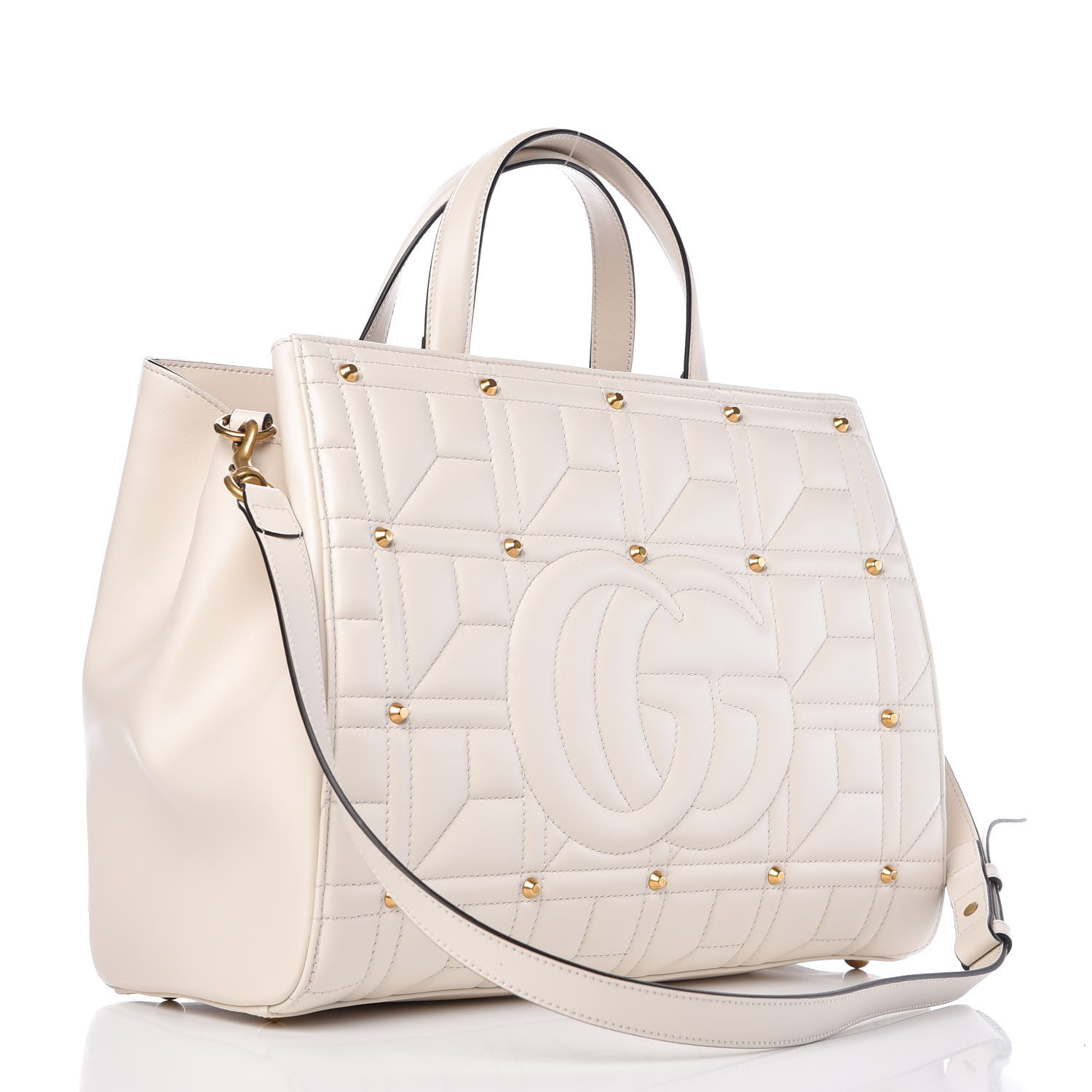GUCCI Calfskin Matelasse Studded Medium GG Marmont Top Handle Bag White 377430