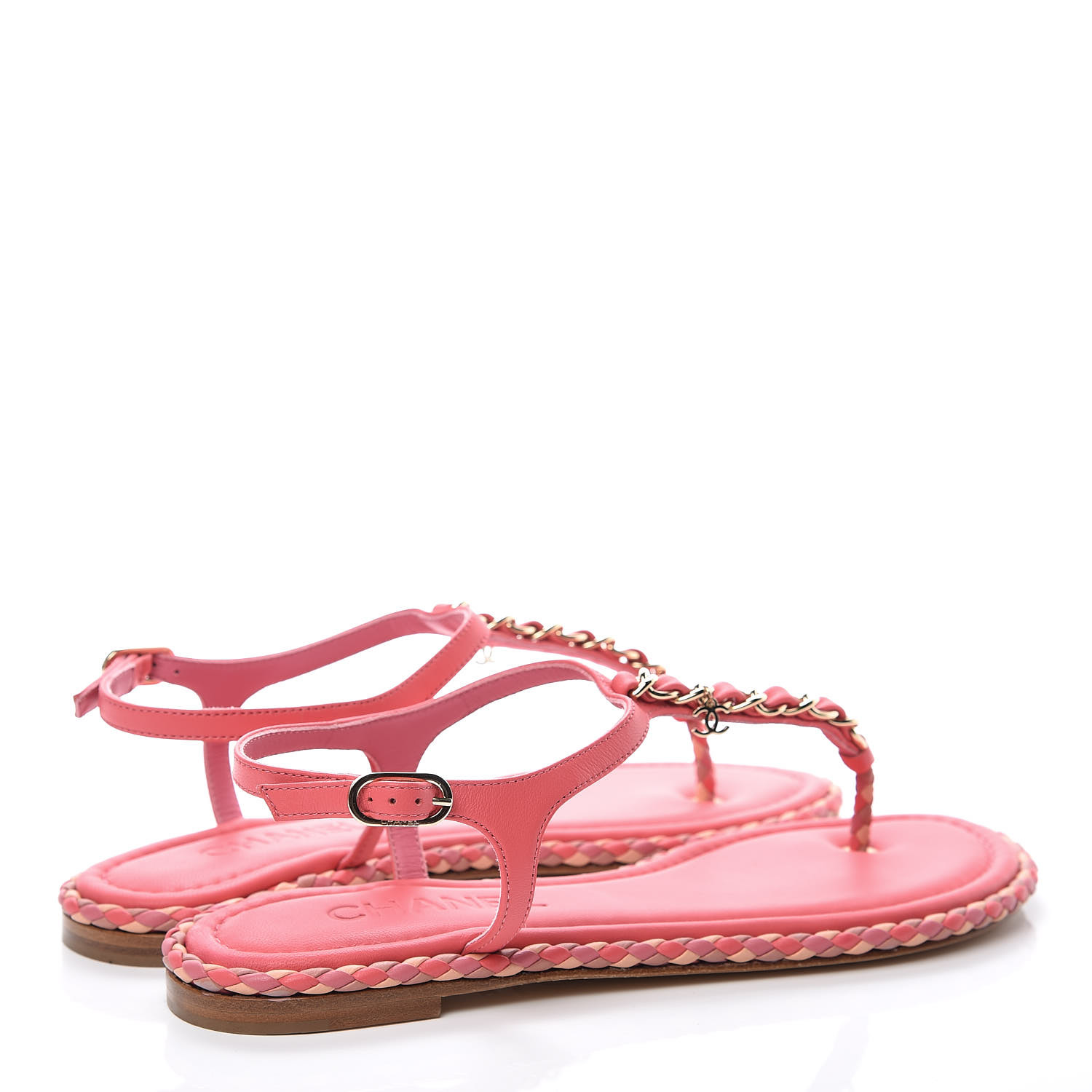 CHANEL Lambskin CC Chain Thong Sandals 38 Bright Pink 377785