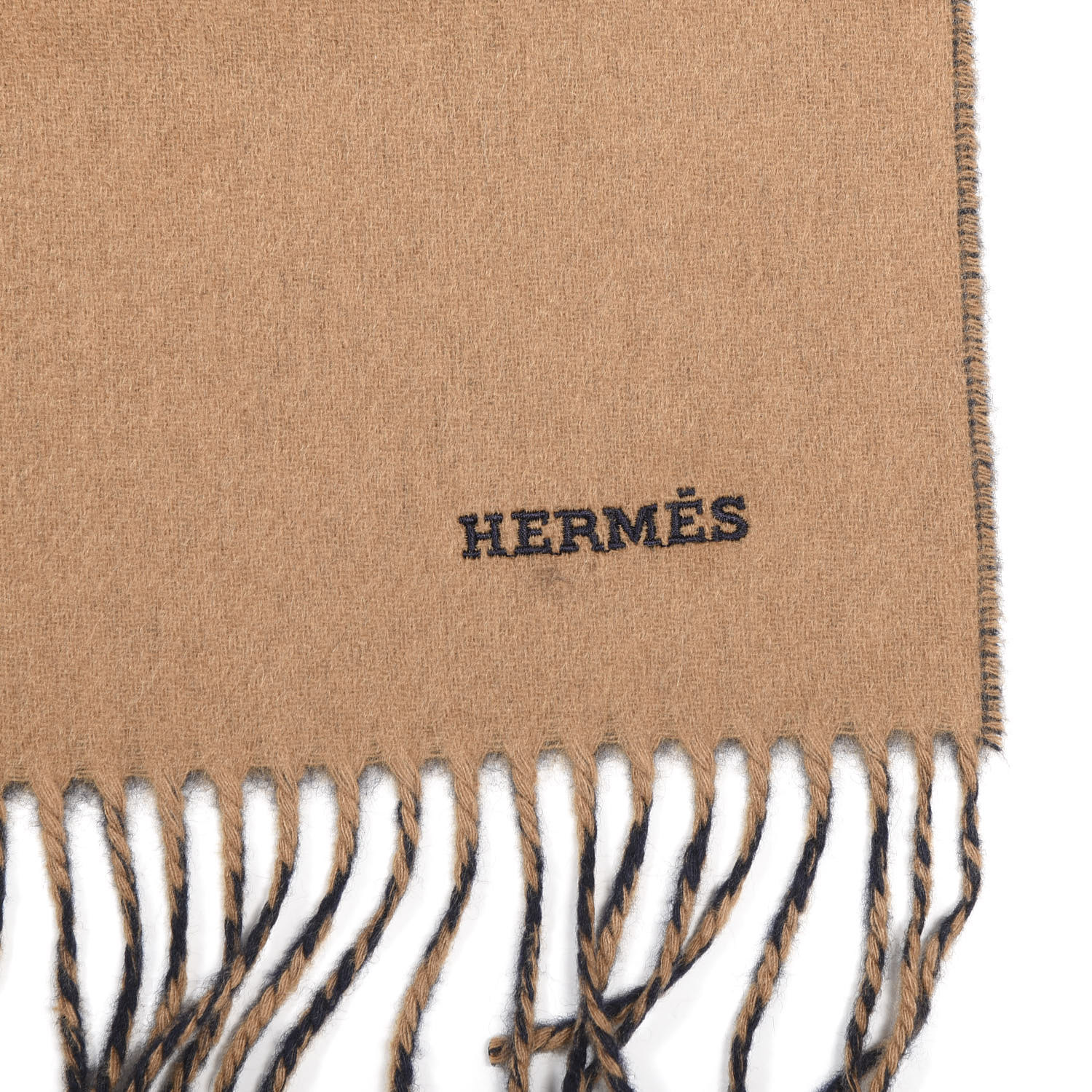 HERMES Cashmere Recto Verso Muffler Camel Marine 615017 | FASHIONPHILE