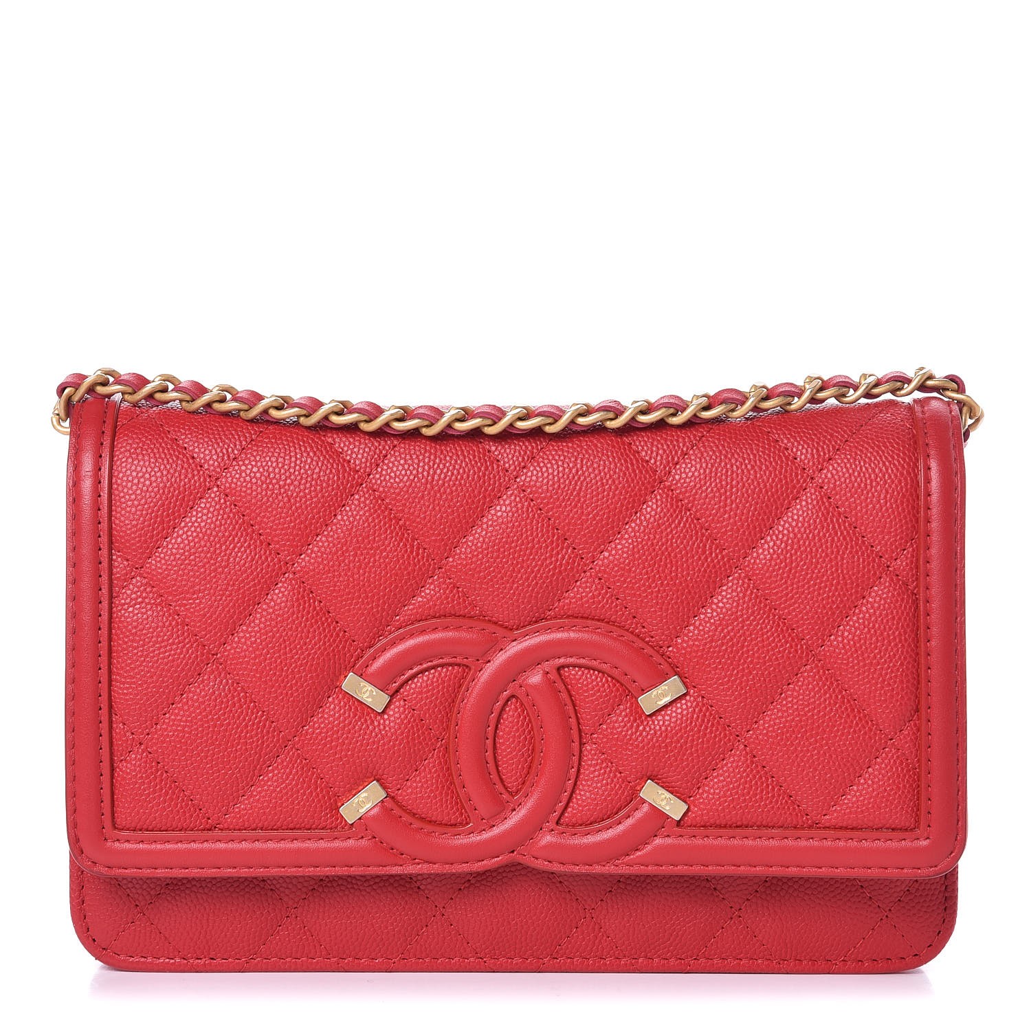 CHANEL Caviar Quilted CC Filigree Wallet On Chain WOC Red 339196
