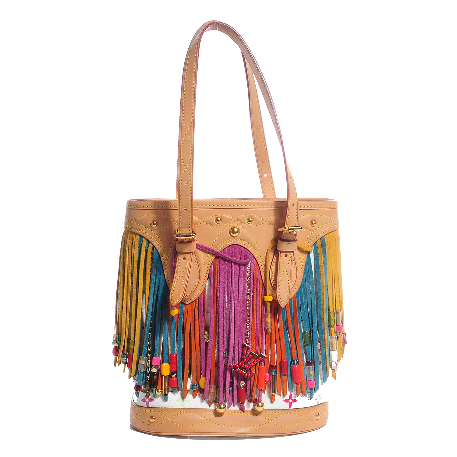 LOUIS VUITTON Multicolor Fringe Bucket with Accessories Pouch White 84751