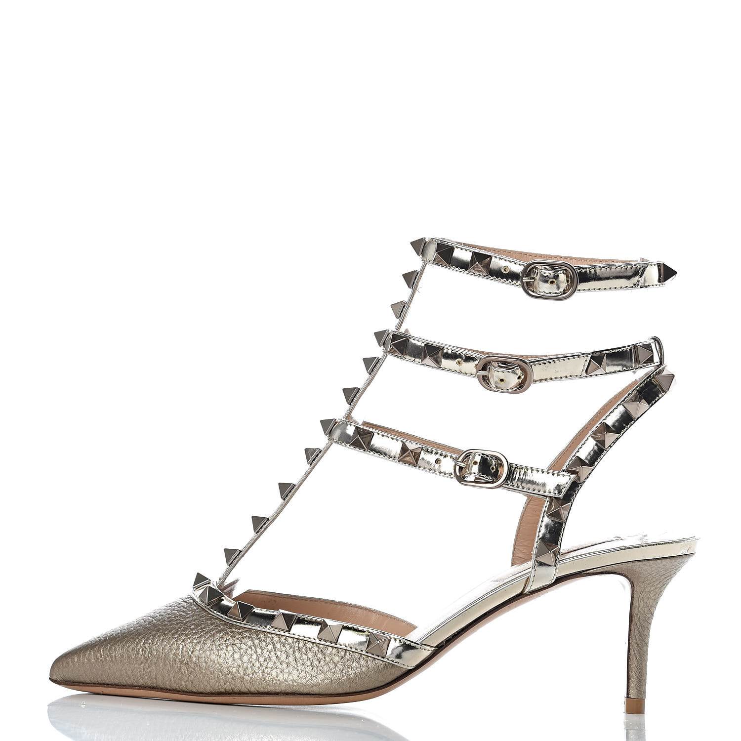 rockstud metallic grainy calfskin leather ankle strap pump 66 mm