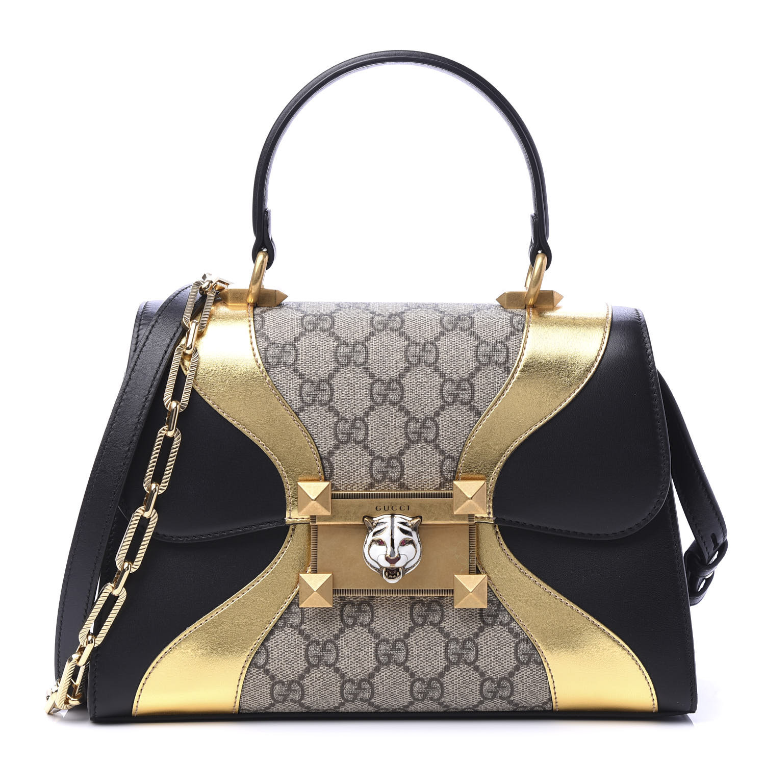 GUCCI GG Supreme Monogram Small Osiride Top Handle Bag Black Gold 612419