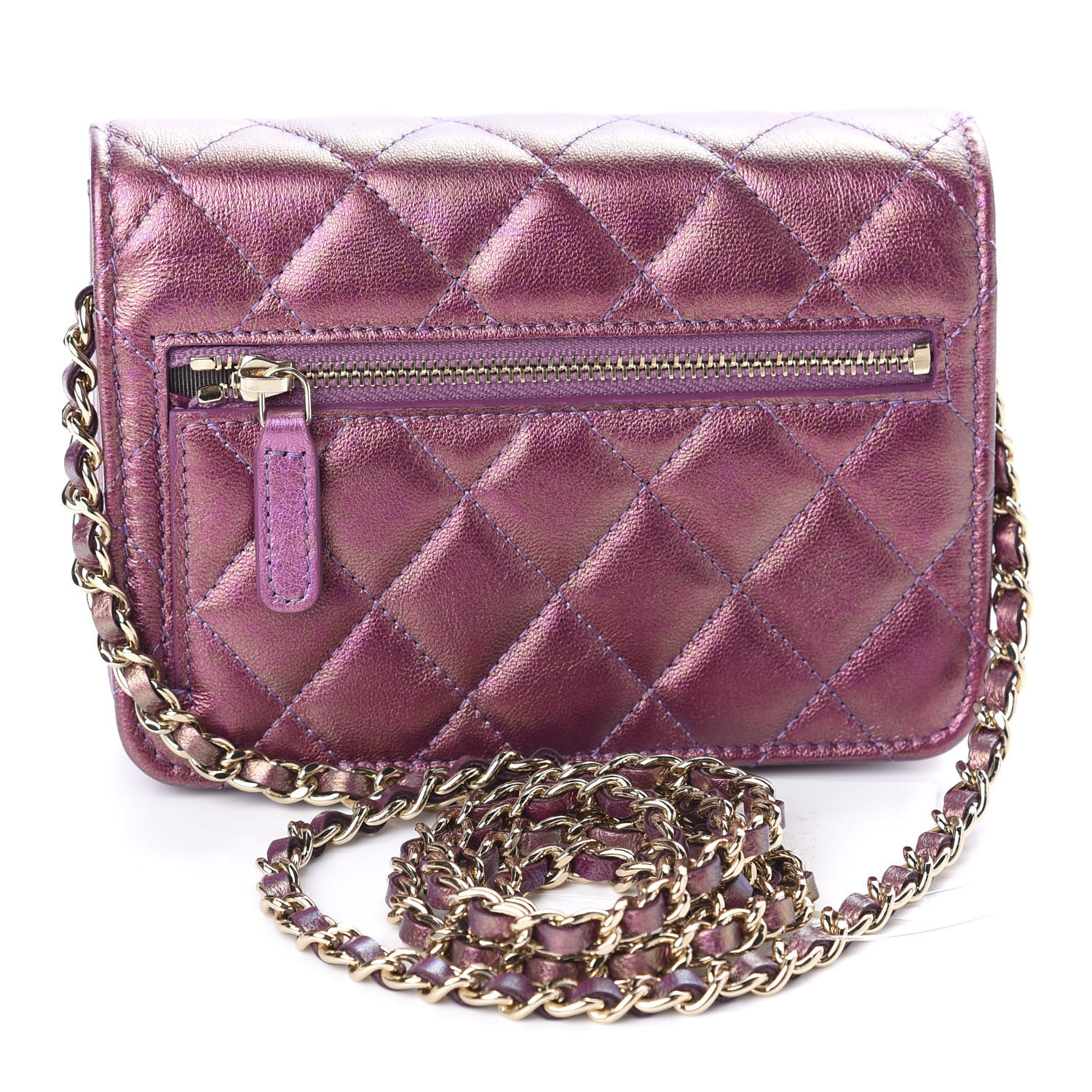 CHANEL Iridescent Lambskin Quilted Mini Wallet On Chain WOC Purple 612716