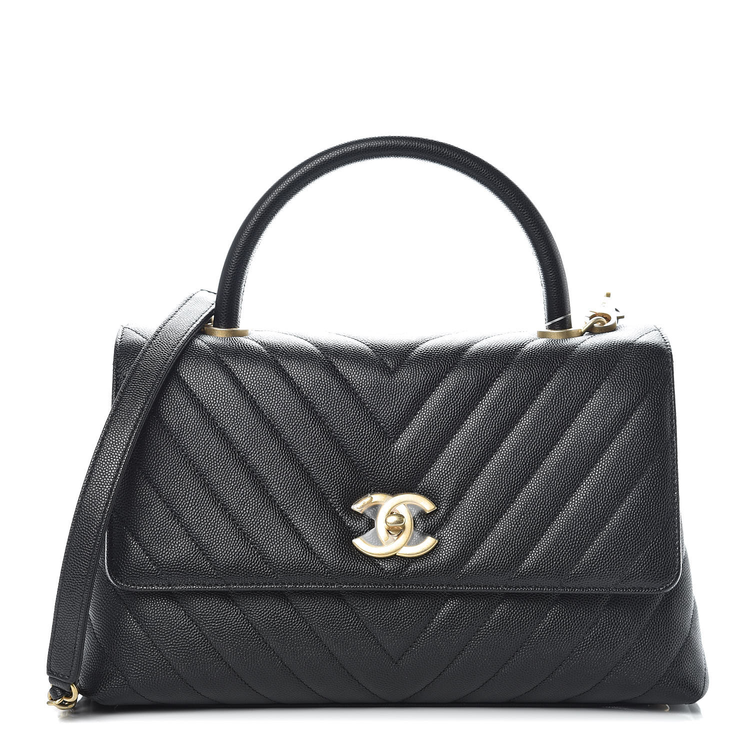 CHANEL Caviar Chevron Quilted Small Coco Handle Flap Black 388861 ...