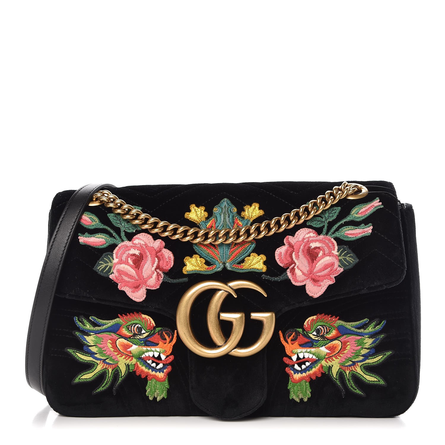 GUCCI Velvet Embroidered Dragon Medium Marmont Shoulder Bag Black 331903