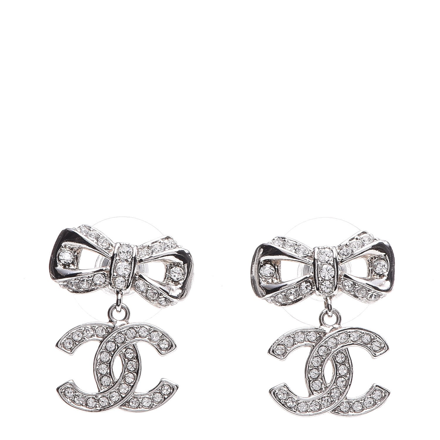 CHANEL Crystal CC Bow Dangle Earrings Silver 338300
