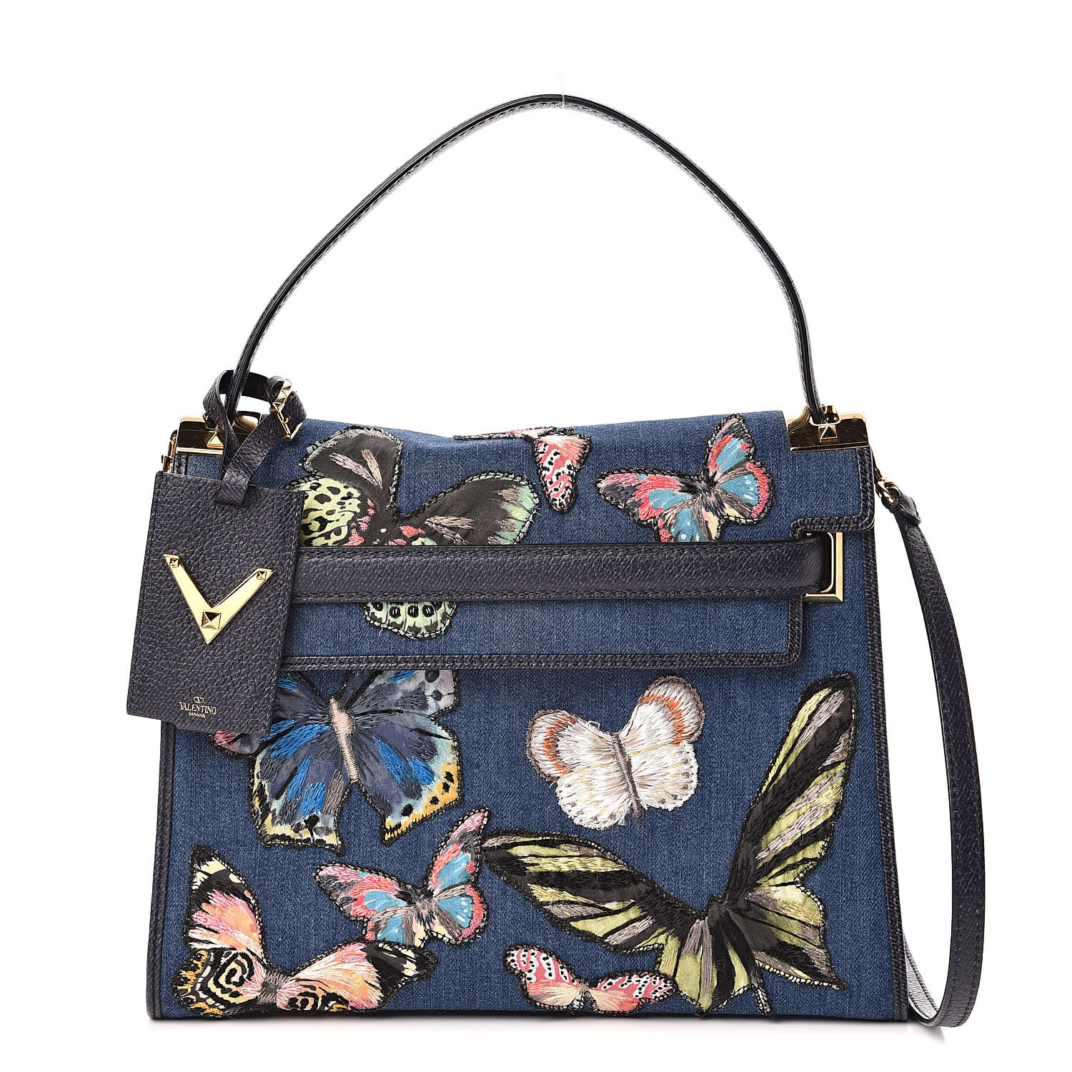 VALENTINO Denim Butterfly Embroidered My Rockstud Single Handle Bag ...