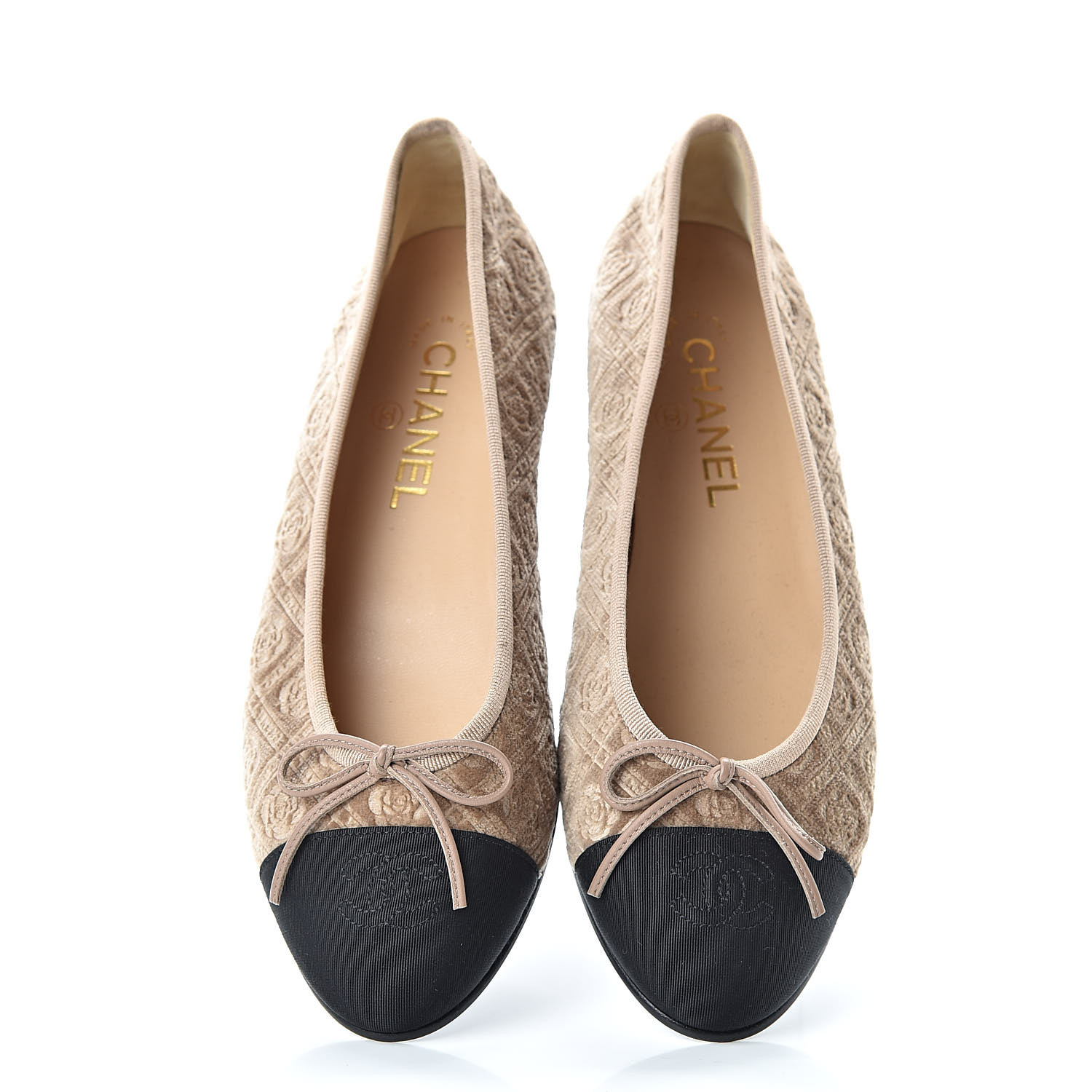 CHANEL Velvet Grosgrain Cap Toe Ballerina Flats 39.5 Beige Black 502693