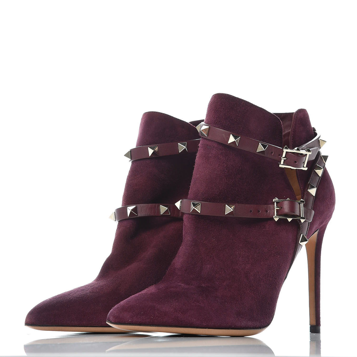 VALENTINO Suede Rockstud Ankle Booties 37.5 Burgundy 414018 | FASHIONPHILE