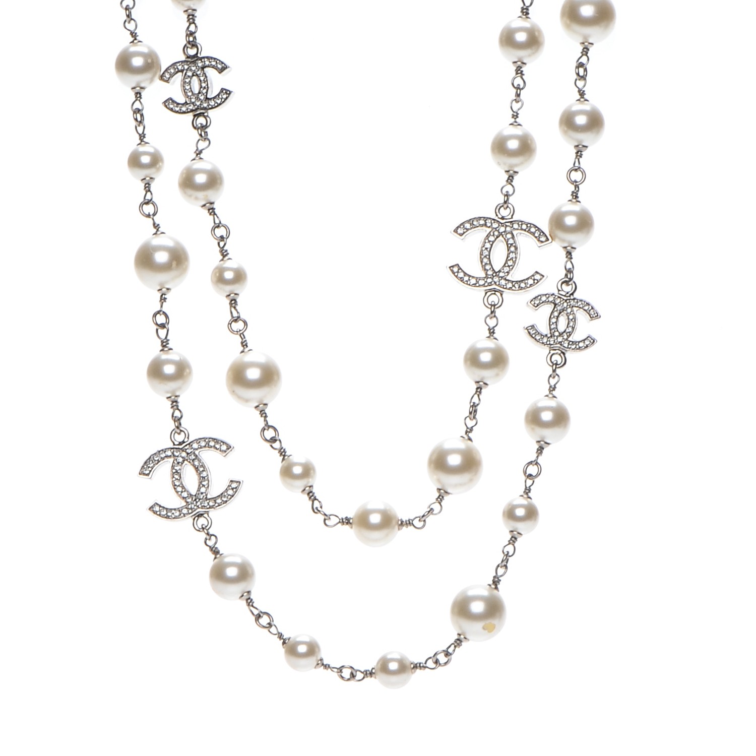 CHANEL Crystal Pearl CC Long Necklace Silver 198898