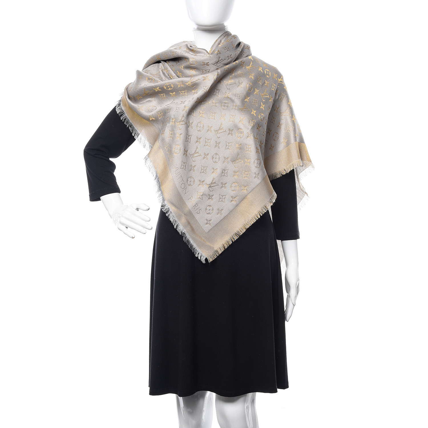 LOUIS VUITTON Silk Lurex Wool Monogram Shine Shawl Charcoal Greige 531127