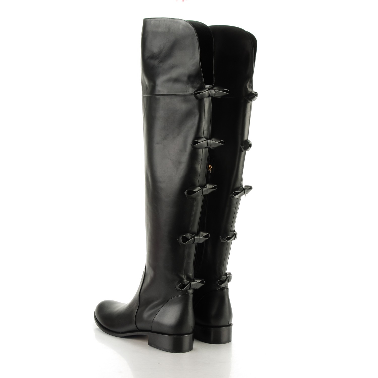 VALENTINO Calfskin Multi Bow Over the Knee Boots 40.5 Black 163536